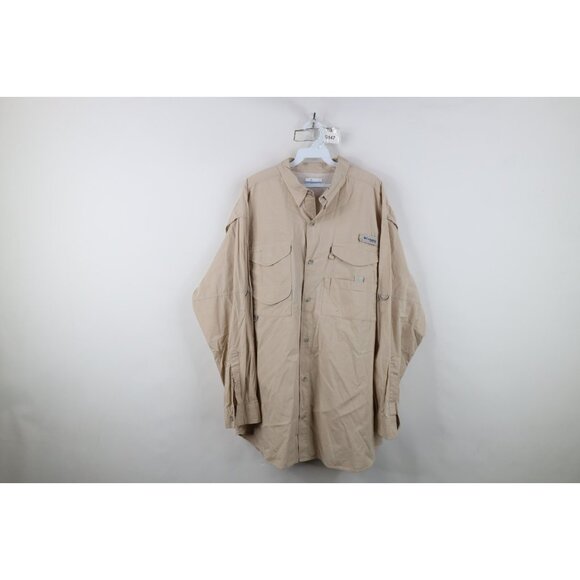 Columbia PFG Mens XL Vented Performance Fishing Collared Button Down Shirt Beige - Picture 1 of 16